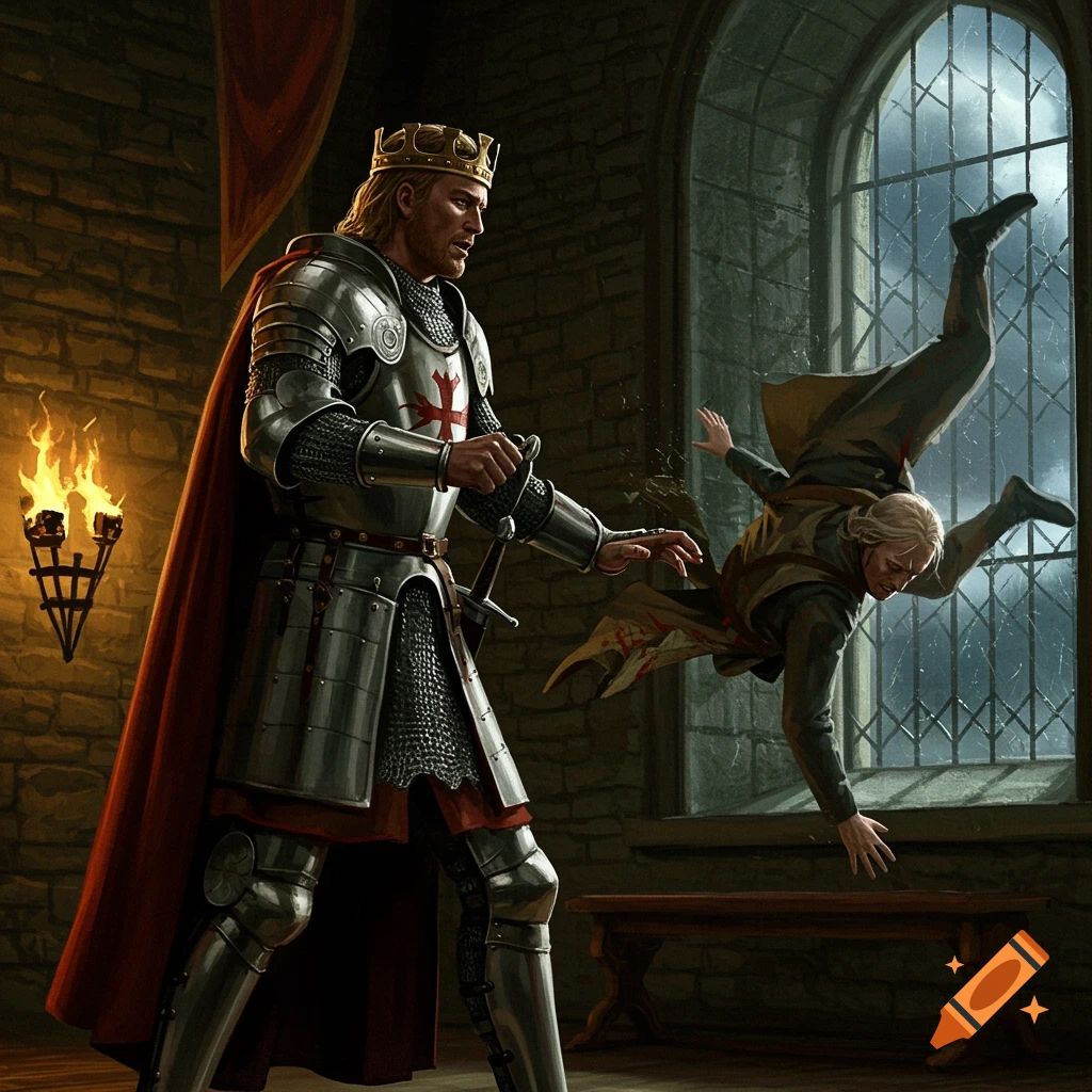 A medieval king in shining armor and a red cape forcefully throws a man out of a tall castle window.