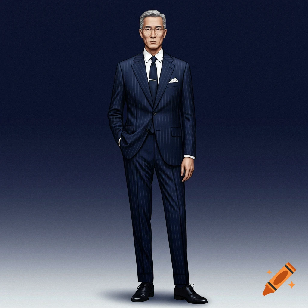 A serious man with grey hair and glasses wearing a dark pinstripe suit, white shirt, and dark tie, standing against a dark blue background.