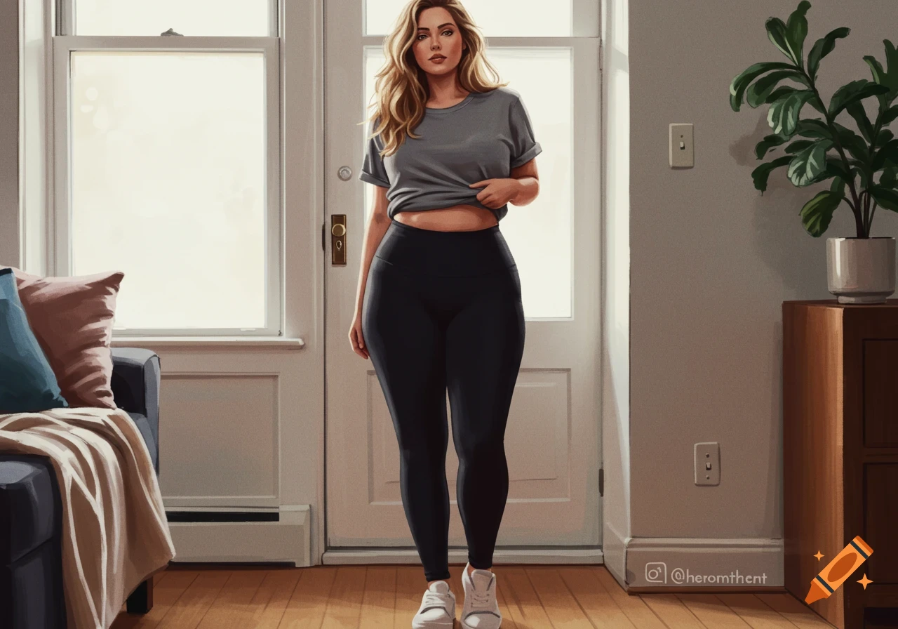 A woman with wavy hair in a grey t-shirt and black leggings stands in a sunlit room, subtly revealing her midriff.