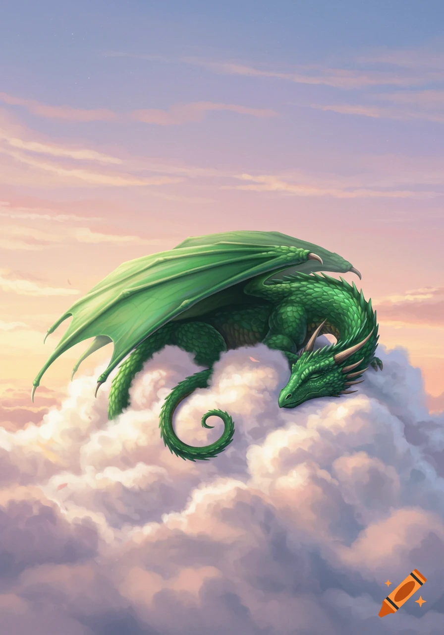 A green dragon with wings curled up, sleeping peacefully on a fluffy white cloud under a pastel sky.