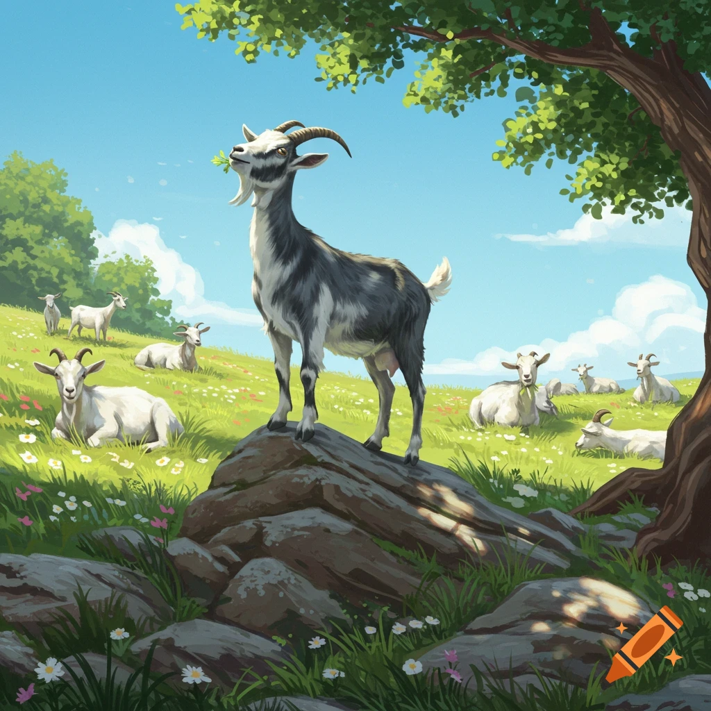 An illustration of a goat standing on a rock, chewing leaves, while other goats graze in a sunny green field.