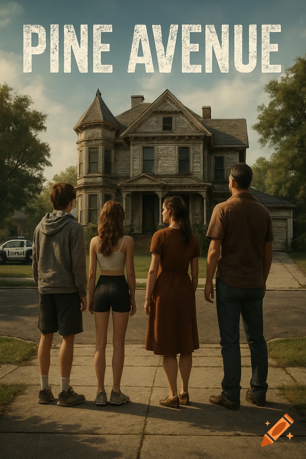 Four people from behind stand on a sidewalk, looking at a large, old Victorian house under a title reading 'PINE AVENUE'. Photorealistic style.
