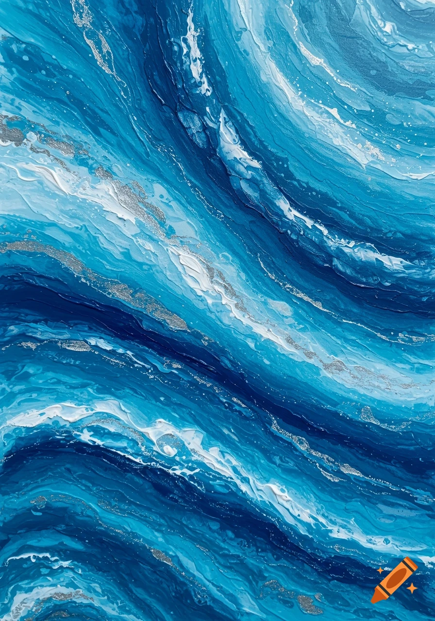 An abstract painting featuring swirling textures of various shades of blue, white, and shimmering silver.