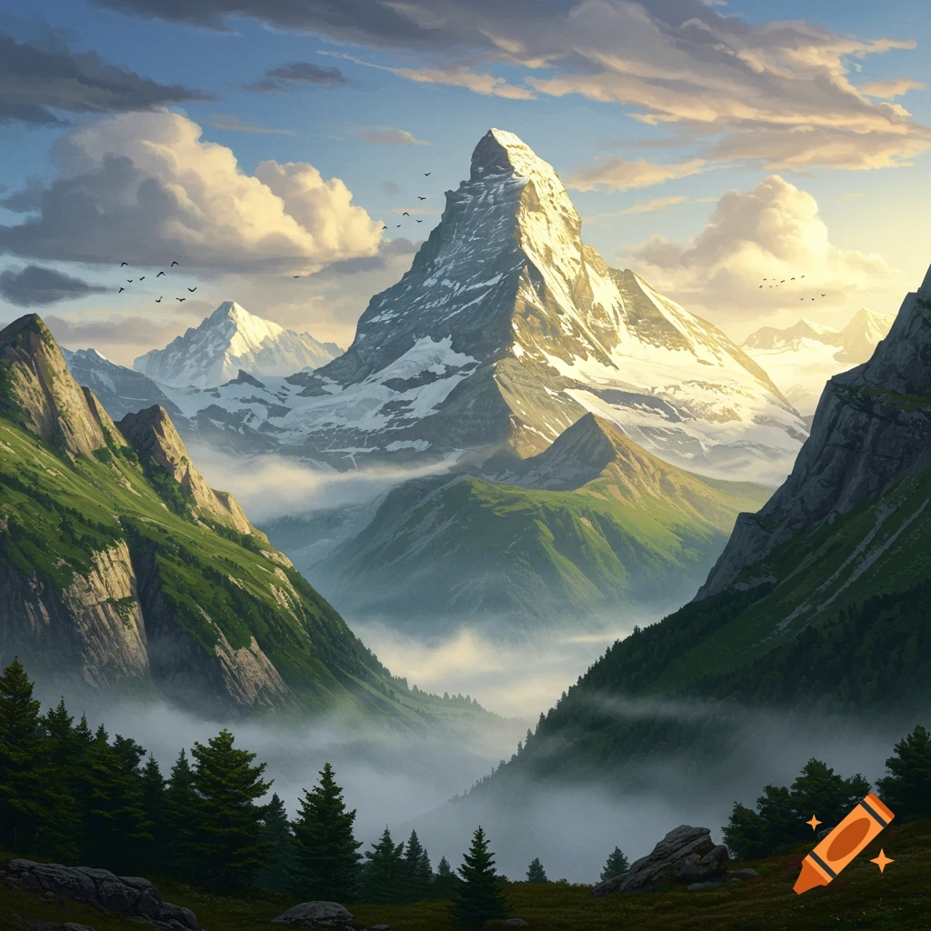 A majestic snow-capped mountain peak towers over misty green valleys under a dramatic sky with scattered clouds and birds.