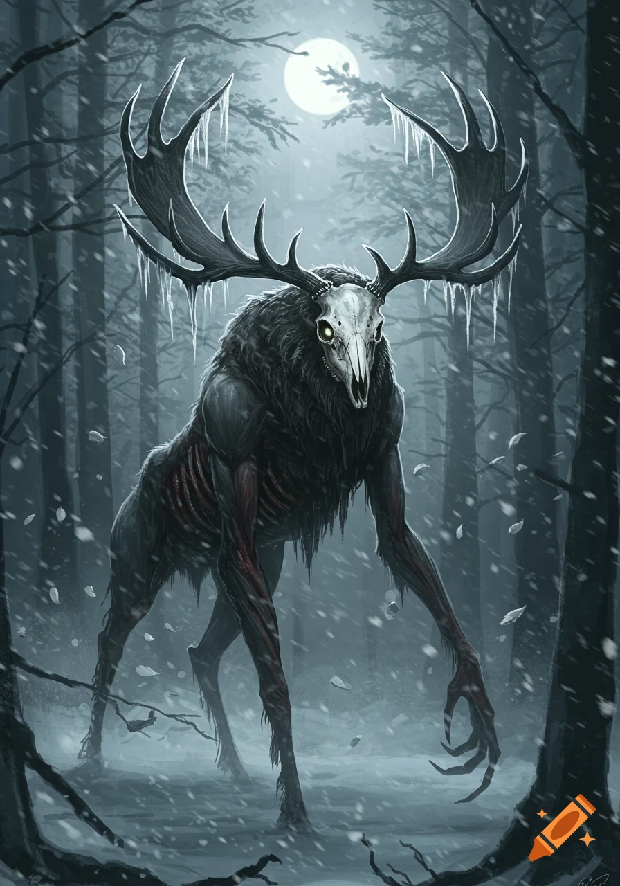 A monstrous wendigo-like creature with a skull head and large antlers, icicles hanging from them, stands in a dark, snowy forest under a full moon.