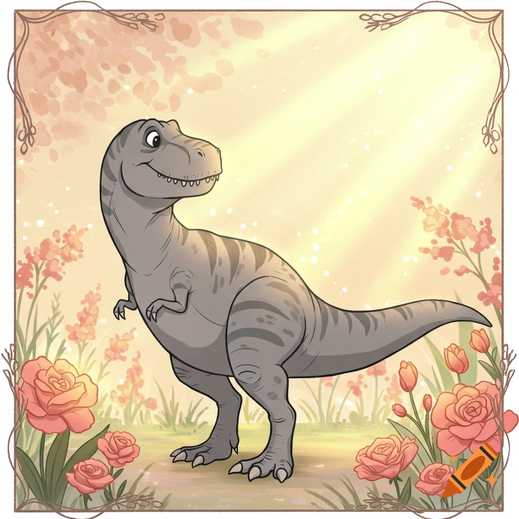 A smiling gray cartoon T-Rex stands in a field of pink and red flowers under warm sunlight, framed by a decorative border.