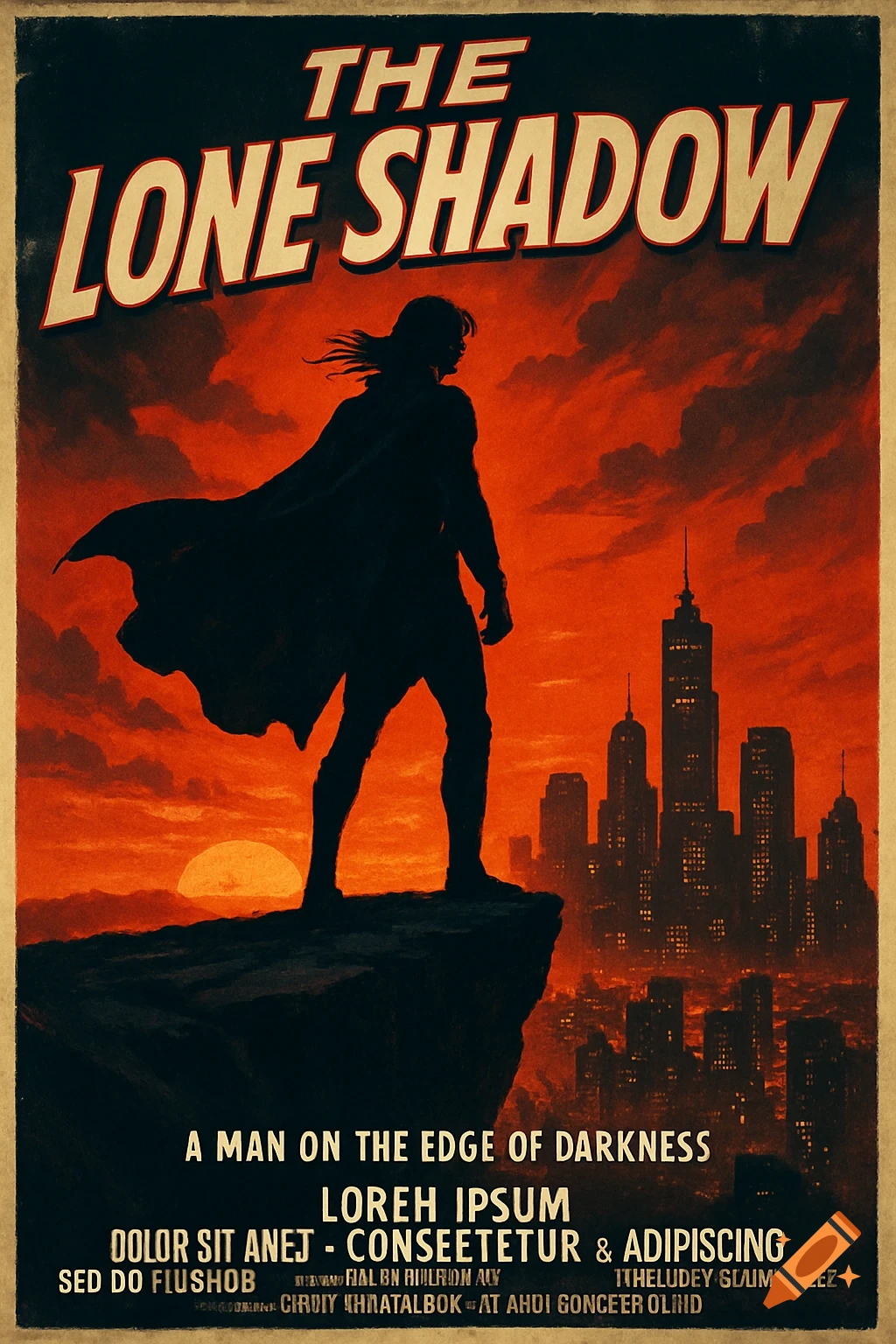 A vintage movie poster with a silhouetted figure in a cape standing on a cliff overlooking a city at sunset, with the title "THE LONE SHADOW" at the top.