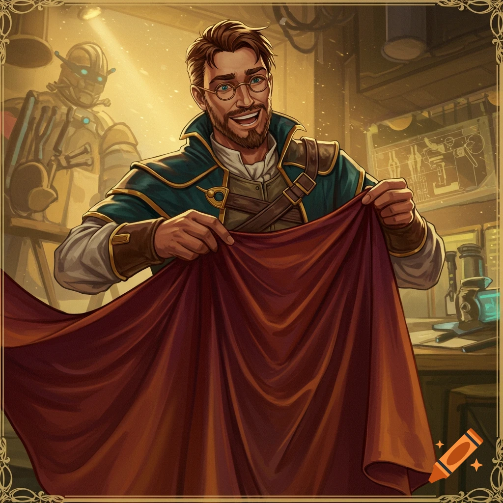 An illustrated man with glasses and a beard smiles, holding a red cape in a steampunk workshop with a robot in the background.