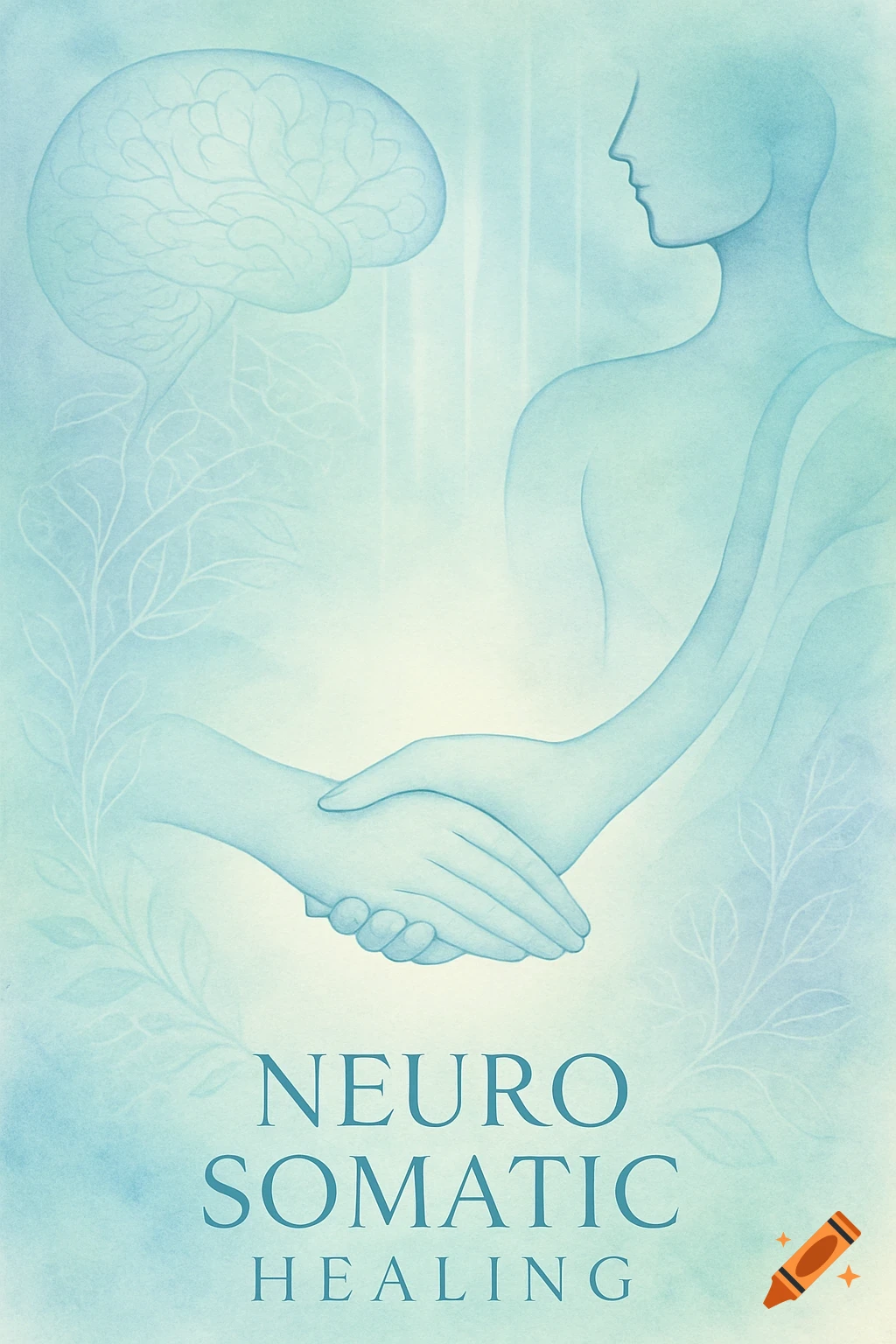 Watercolor illustration of a brain, human silhouette, and shaking hands, with 'NEURO SOMATIC HEALING' text.