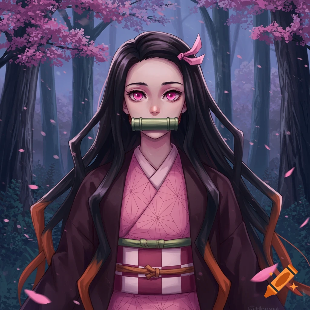Anime illustration of Nezuko from Demon Slayer, standing in a dark forest with pink cherry blossoms and falling petals.