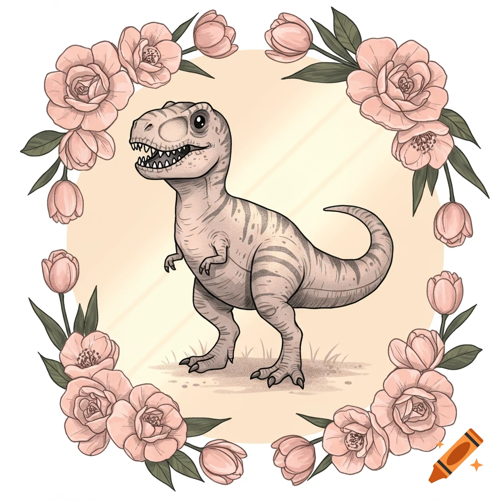 A cute cartoon T-Rex with a striped body and sharp teeth stands inside a wreath of pink roses and tulips on a light background.