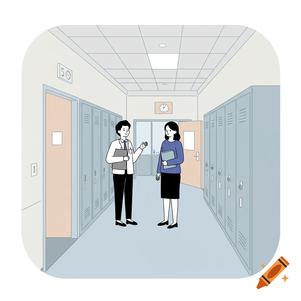 An illustration of two teachers talking in a school hallway lined with lockers and classrooms.