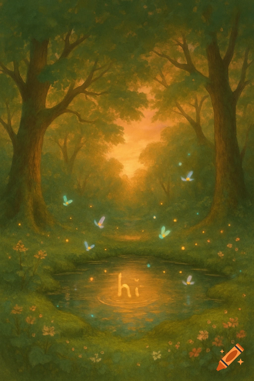 A serene, painterly forest scene at dusk with a pond reflecting an orange sky. Glowing fireflies flutter around, and the word 'hi' glows brightly in the water.