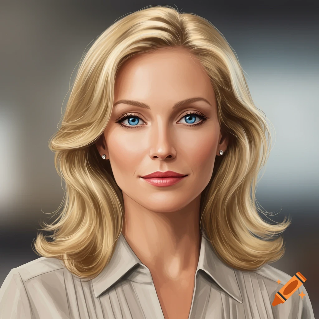 Digital portrait of a blonde woman with blue eyes, wearing a collared shirt, against a soft gray background.