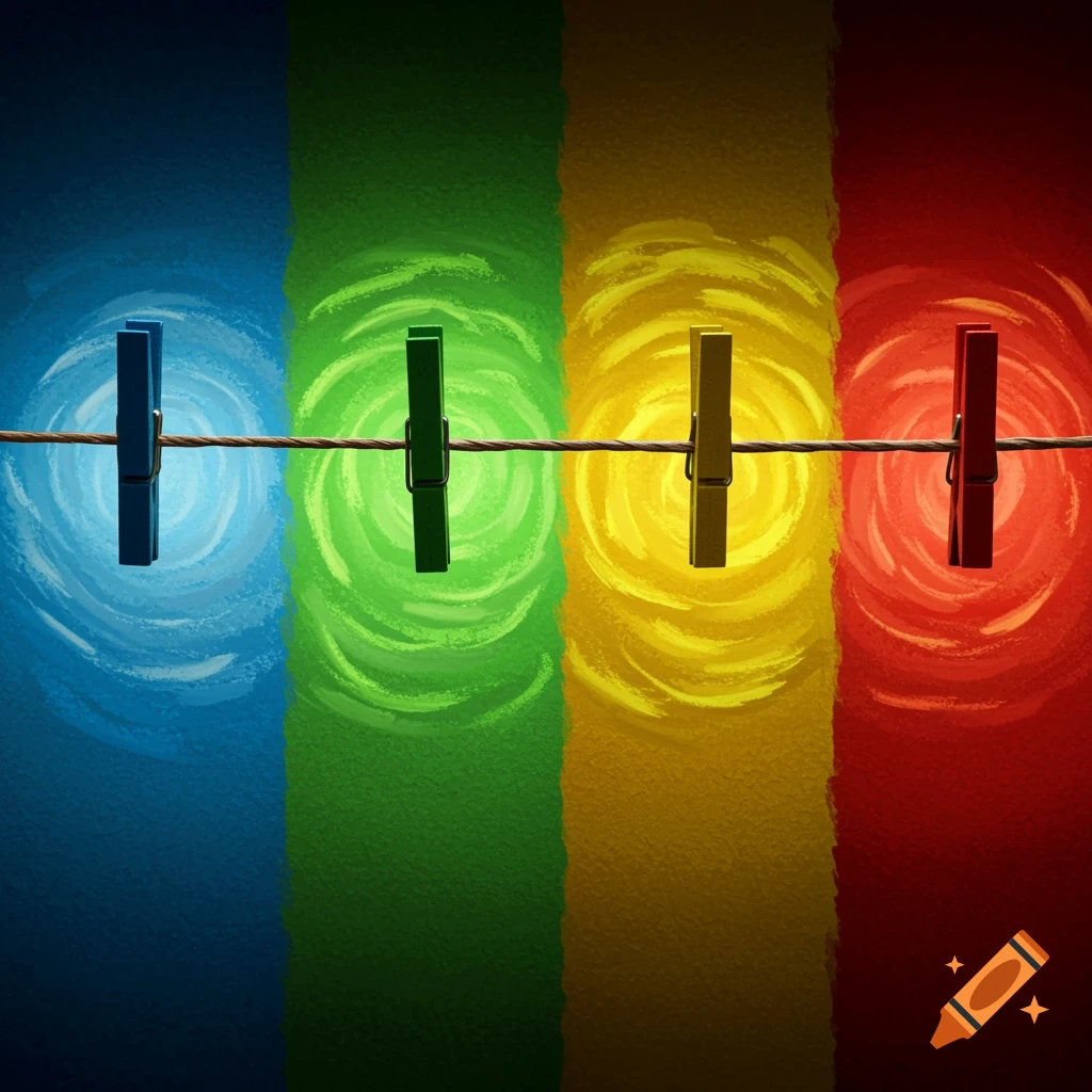 Four colorful clothes pegs, blue, green, yellow, and red, hang on a clothesline against matching vertical color zones with a swirly, textured background.