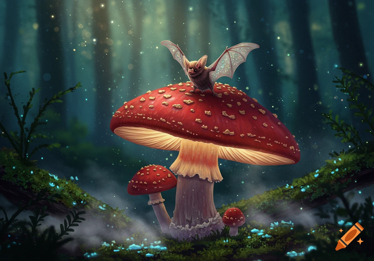 A cute bat with sparkling wings perches on a large red mushroom in a magical forest with glowing plants and light particles.