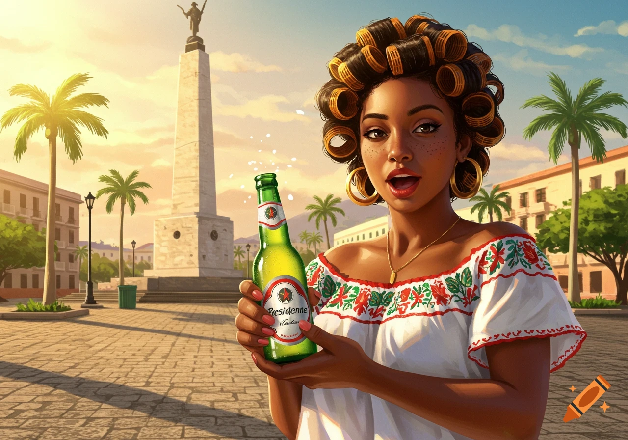 Illustration of a Dominican woman with hair rollers holding a Presidente beer bottle in a city square with a monument and palm trees at sunset.