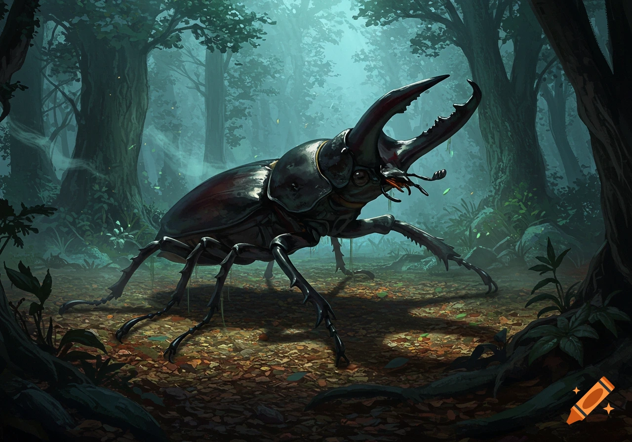 A large black beetle with prominent pincers stands on a leaf-covered forest floor, surrounded by misty trees in a detailed, fantasy art style.