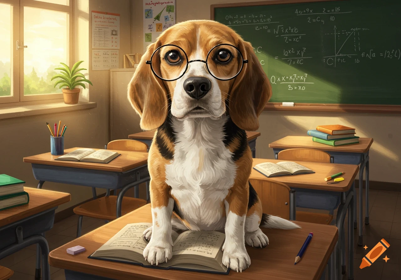 A lifelike Beagle dog wearing glasses sits on an open textbook on a desk in a sunny classroom, looking directly at the viewer.