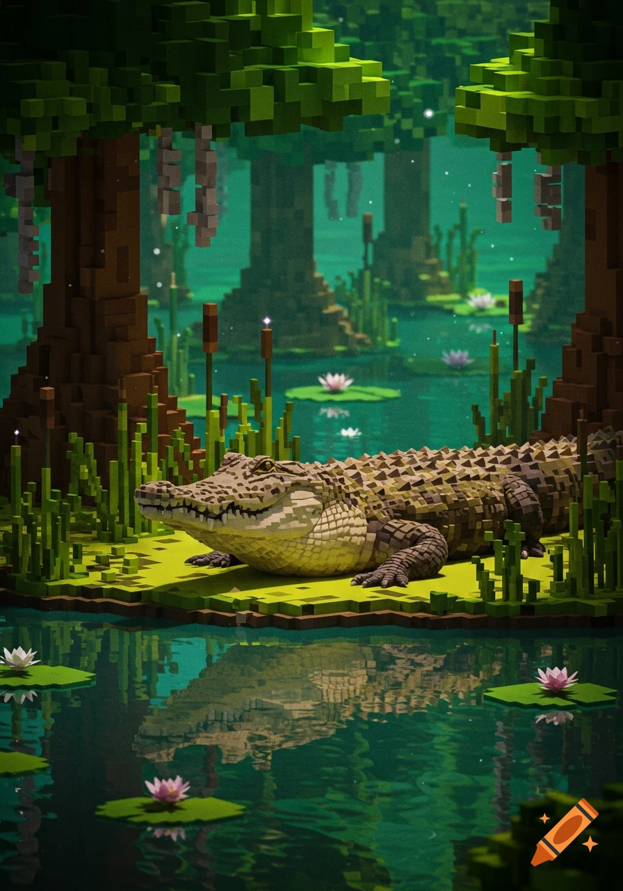 A pixelated alligator rests on a blocky landmass in a swamp with trees and water lilies.