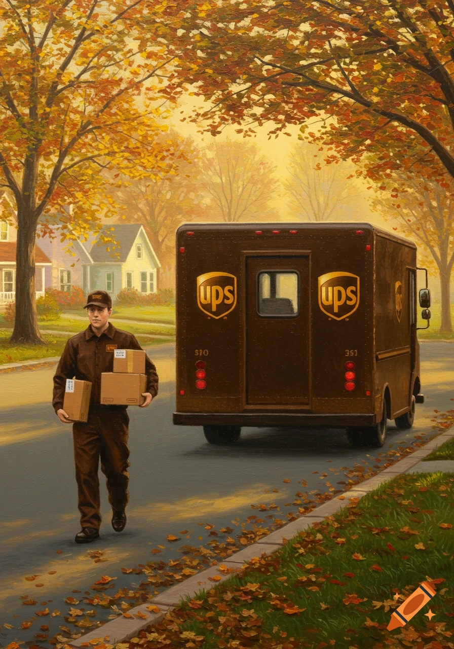 Oil painting of a UPS delivery person carrying boxes, standing by a brown UPS truck on an autumn suburban street.
