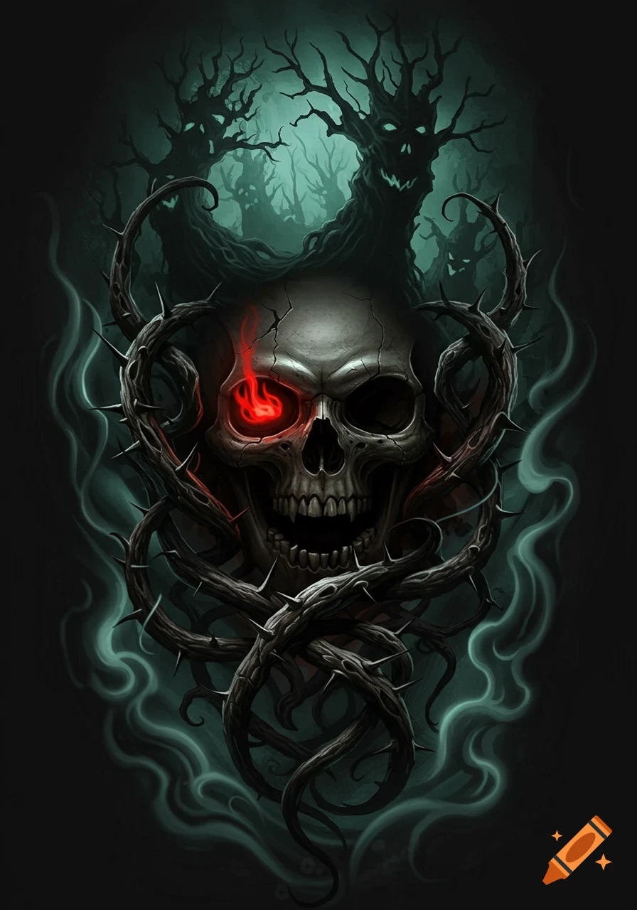 A dark gothic tattoo art piece featuring a cracked skull with a glowing red eye, surrounded by thorny vines and silhouetted creepy trees.