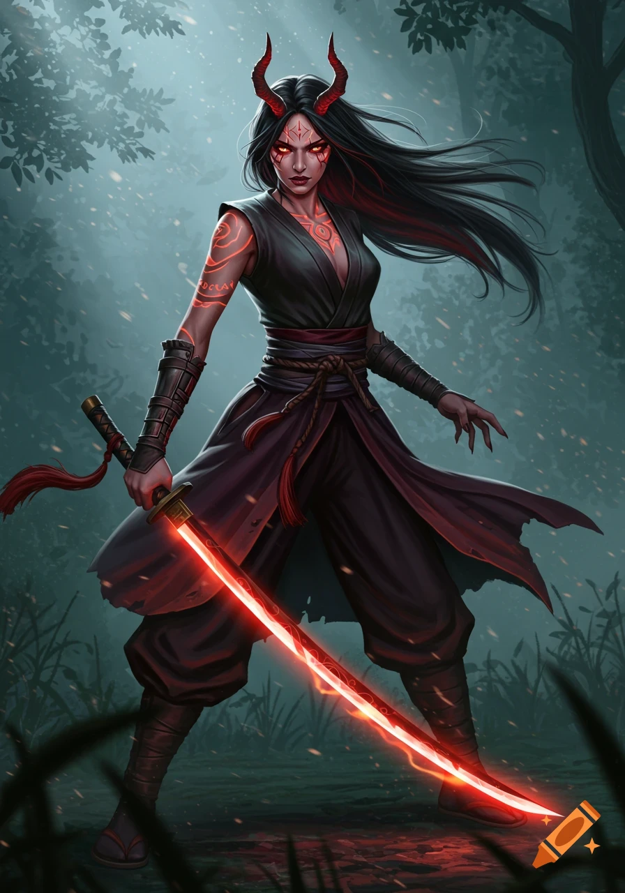 A female demon slayer with horns and glowing red markings stands in a dark forest, holding a glowing red katana.