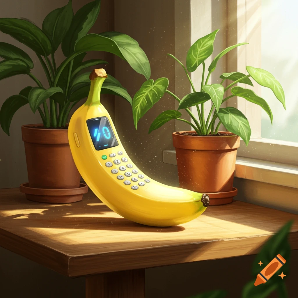 A vibrant yellow banana shaped like an old-fashioned mobile phone, with a screen and keypad, on a wooden table between two potted green plants, lit by sunlight.