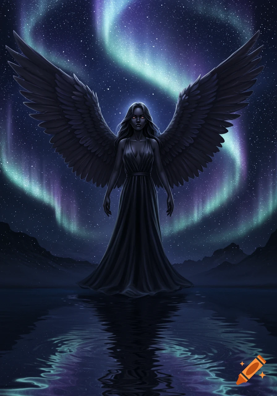 A dark angel with black wings and glowing red eyes stands in reflective water under a starry night sky with a vibrant aurora borealis.