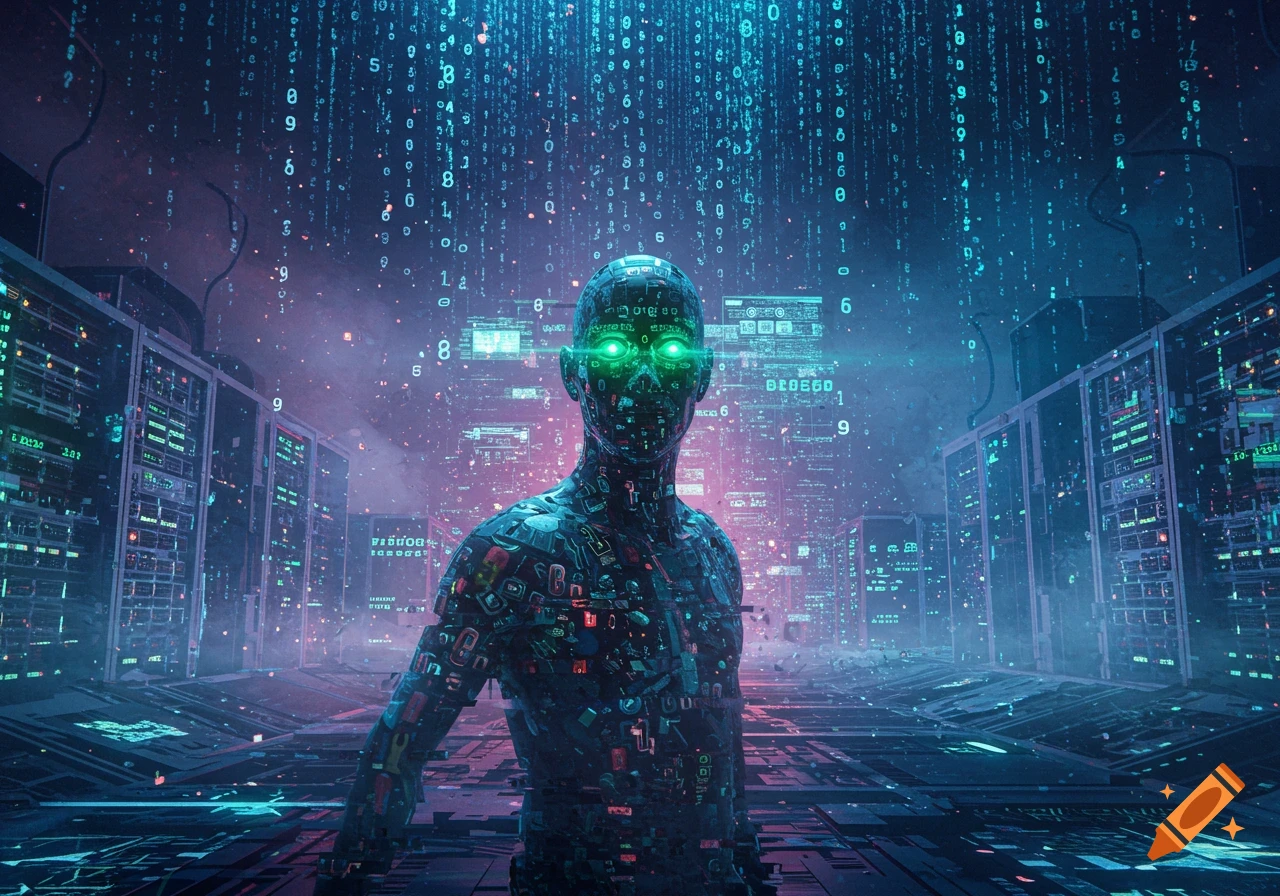 A stylized robot-like figure stands in a futuristic server room with glowing green eyes, surrounded by falling digital code and data.