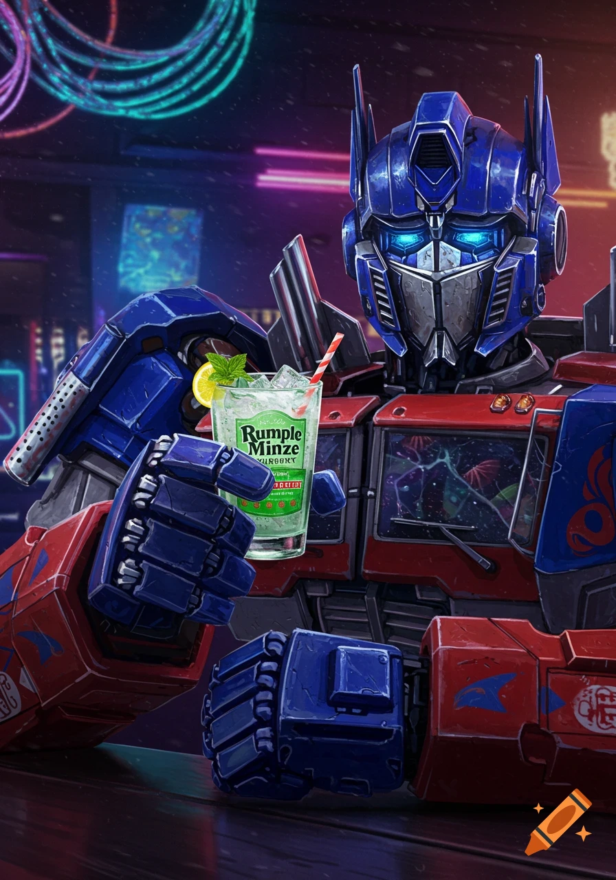 Optimus Prime, a blue and red robot, holds a glass of a green cocktail with a straw, lemon, and mint at a bar with neon lights.