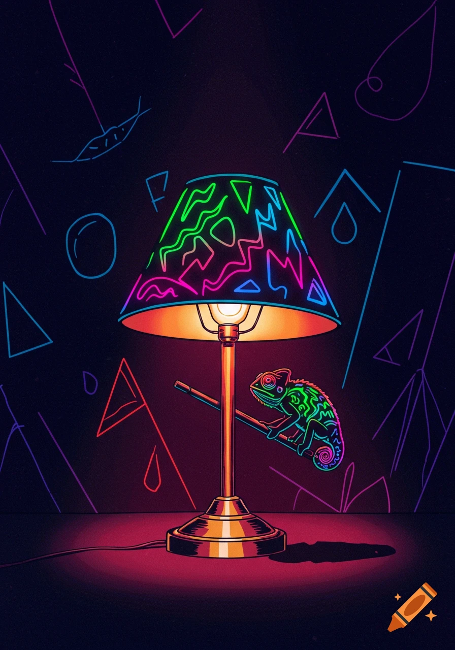 A neon outline chameleon on a branch next to a glowing desk lamp with a neon patterned shade against a dark background with abstract neon lines.