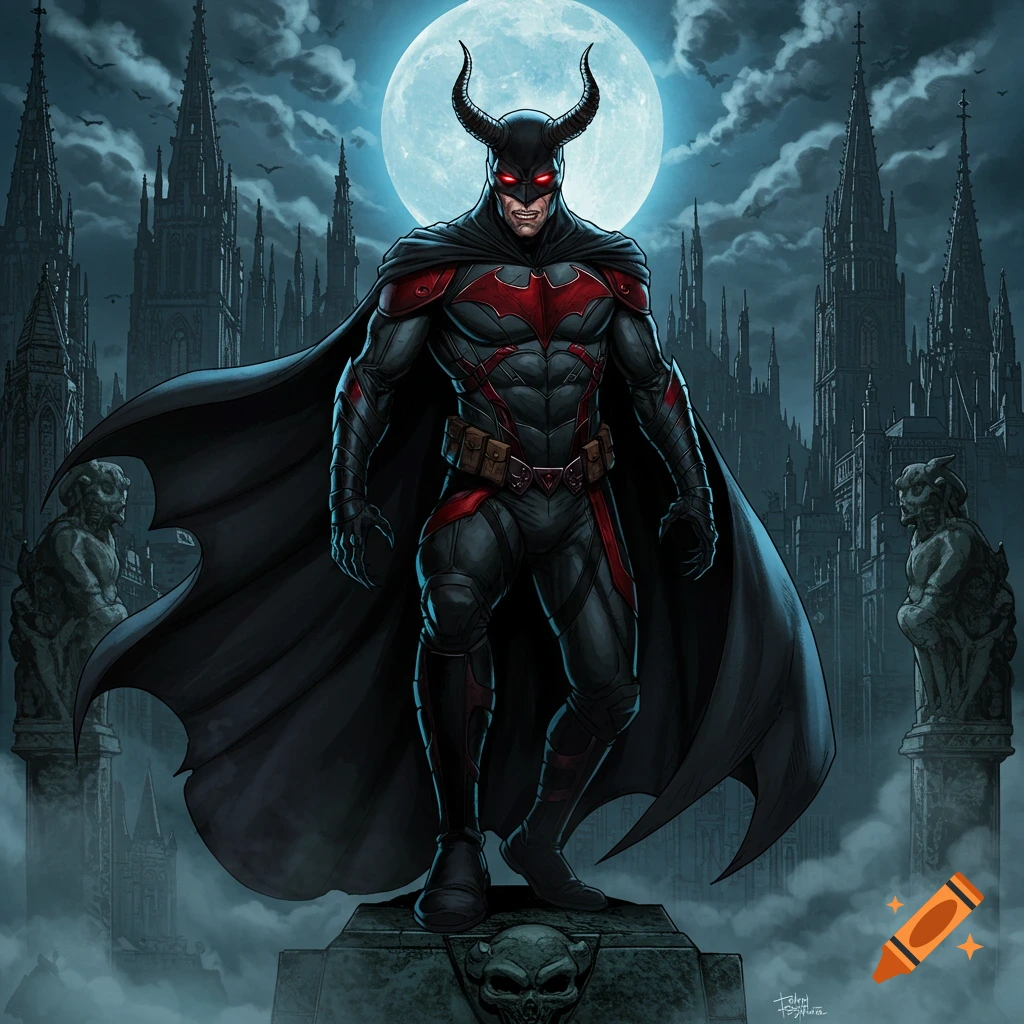 A horned, red-eyed superhero with a bat symbol on his chest stands on a gargoyle pedestal under a full moon and gothic castle.