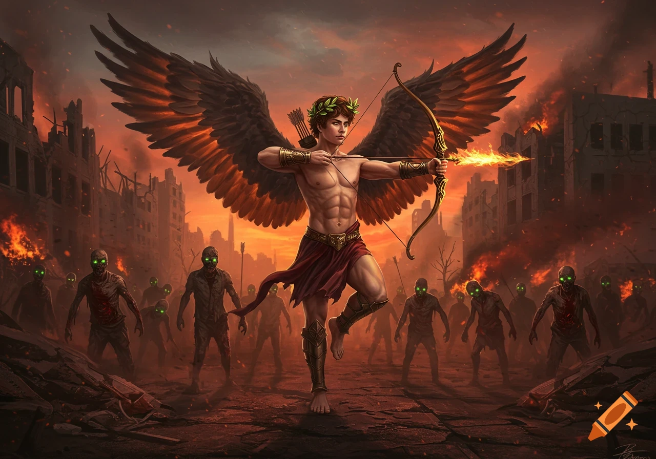 A winged man with a bow and arrow fights zombies in a fiery, ruined city under an orange sky, digital art.