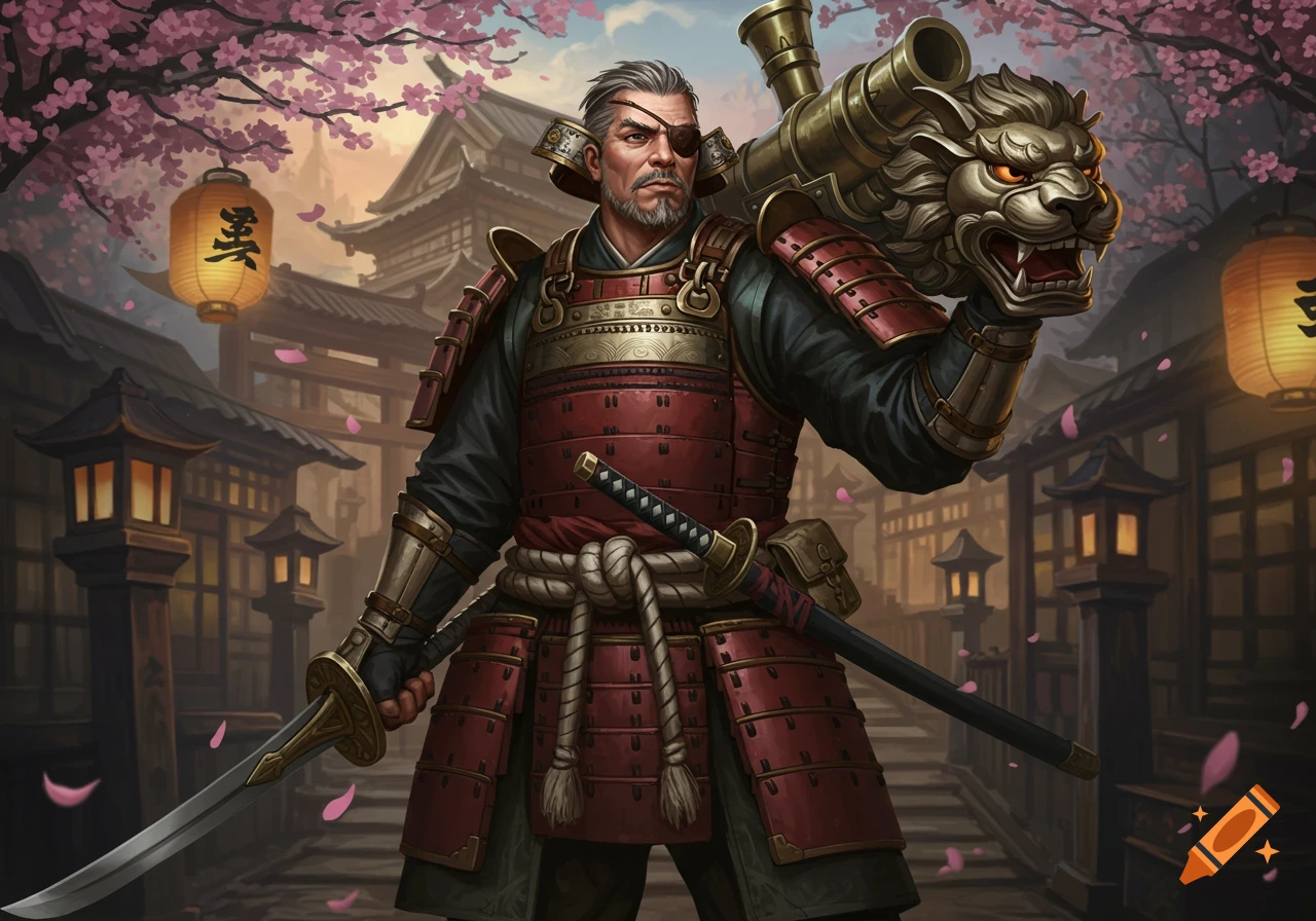 An armored samurai with an eye patch holds a lion-themed shoulder cannon and a katana in a Japanese feudal era street with cherry blossoms.