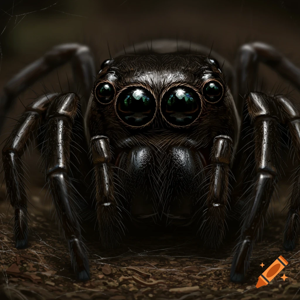 Extreme close-up, photorealistic image of a dark spider's face with eight glistening eyes, surrounded by fur and intricate details.