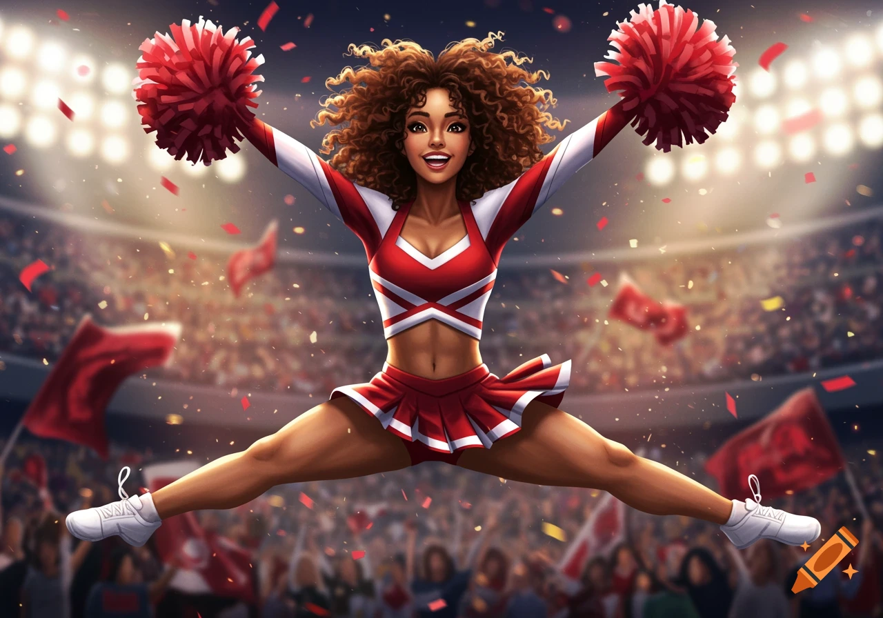 An illustrative image of a brown-skinned cheerleader with curly hair, in a red and white uniform, jumping in a stadium with confetti.