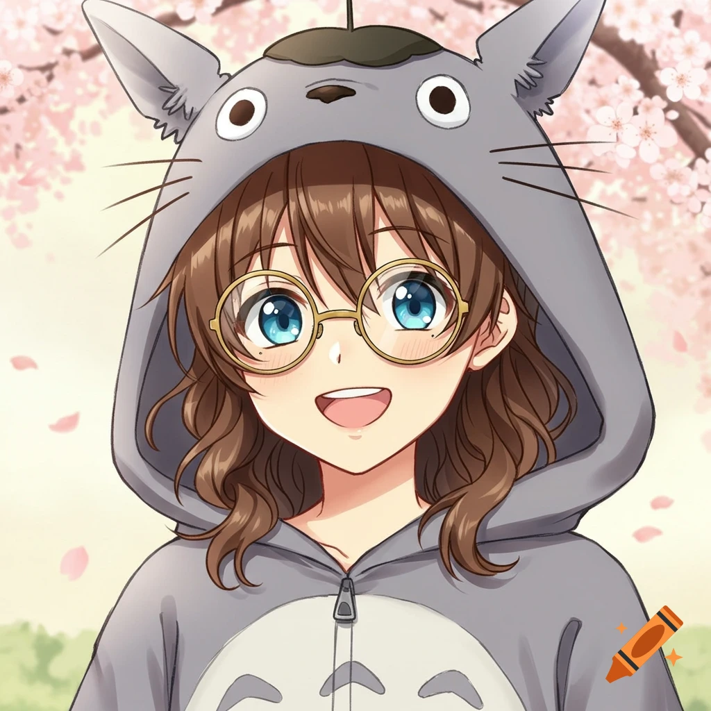 An anime girl with brown wavy hair and blue eyes, wearing round gold-rimmed glasses, smiles happily in a grey Totoro onesie, with cherry blossoms in the background.
