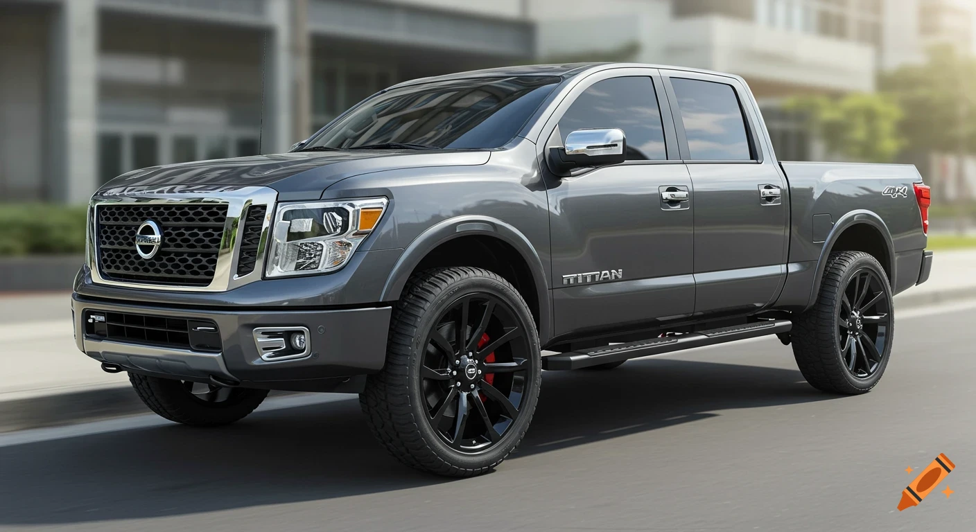 A dark gray 2018 Nissan Titan SL 4WD pickup truck with black 22-inch rims, chrome accents, and running boards, parked on a road with a blurred building background.