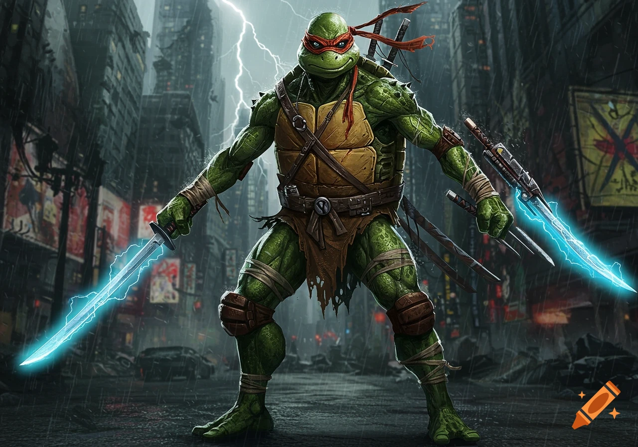 Raphael from Teenage Mutant Ninja Turtles stands in a rainy, dark city street, holding two glowing blue swords, with lightning striking in the background.
