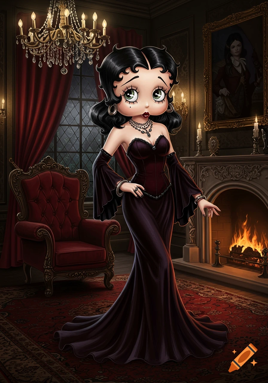 Gothic Betty Boop in a dark, elegant gown stands in a Victorian-style room with a fireplace, chandelier, and red armchair.