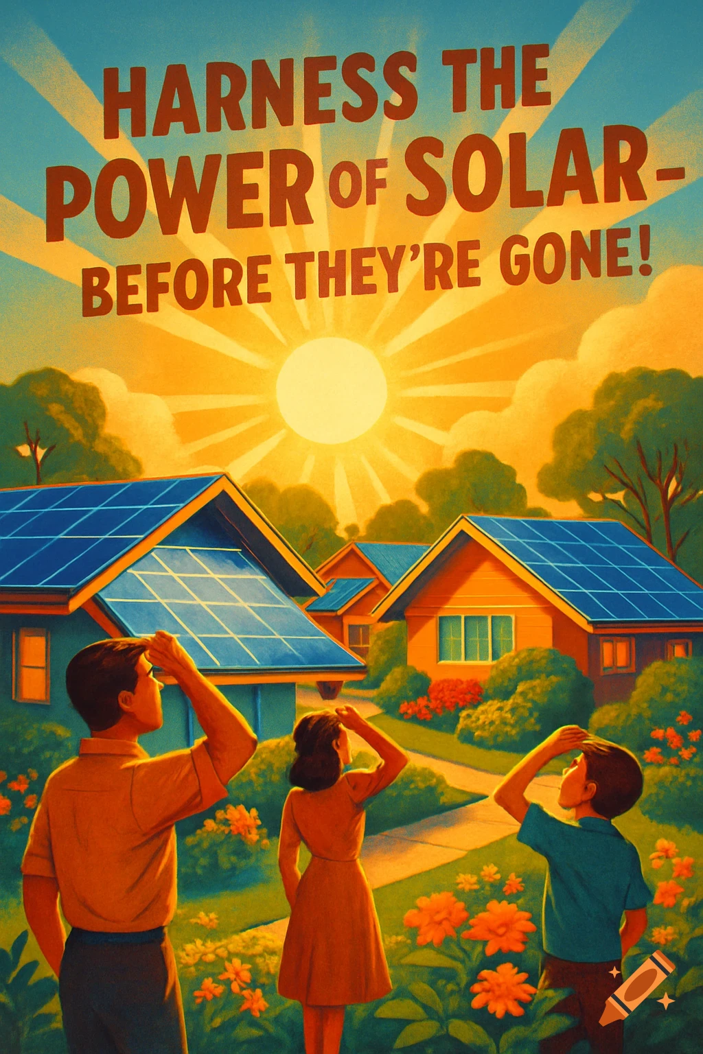 A family looks at solar-powered houses under a bright sun with the text 'HARNESS THE POWER OF SOLAR- BEFORE THEY'RE GONE!' in a retro poster style.