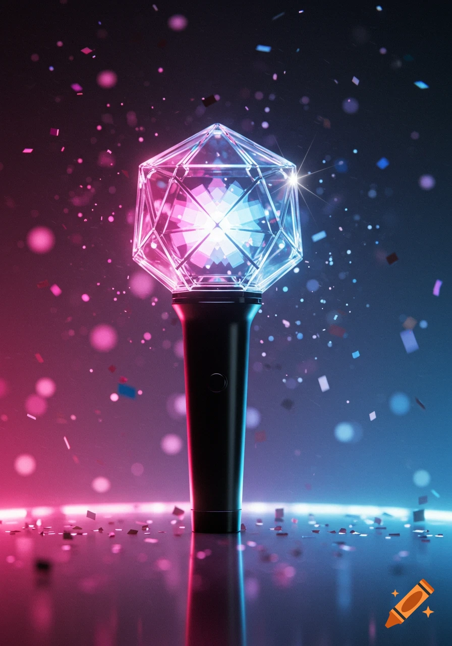 A glowing Kpop light stick with a faceted crystal top, illuminated in pink and blue, surrounded by falling confetti on a reflective surface.