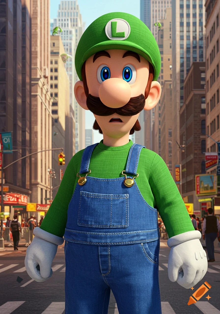 3D rendered Luigi in a realistic city street setting, looking surprised.