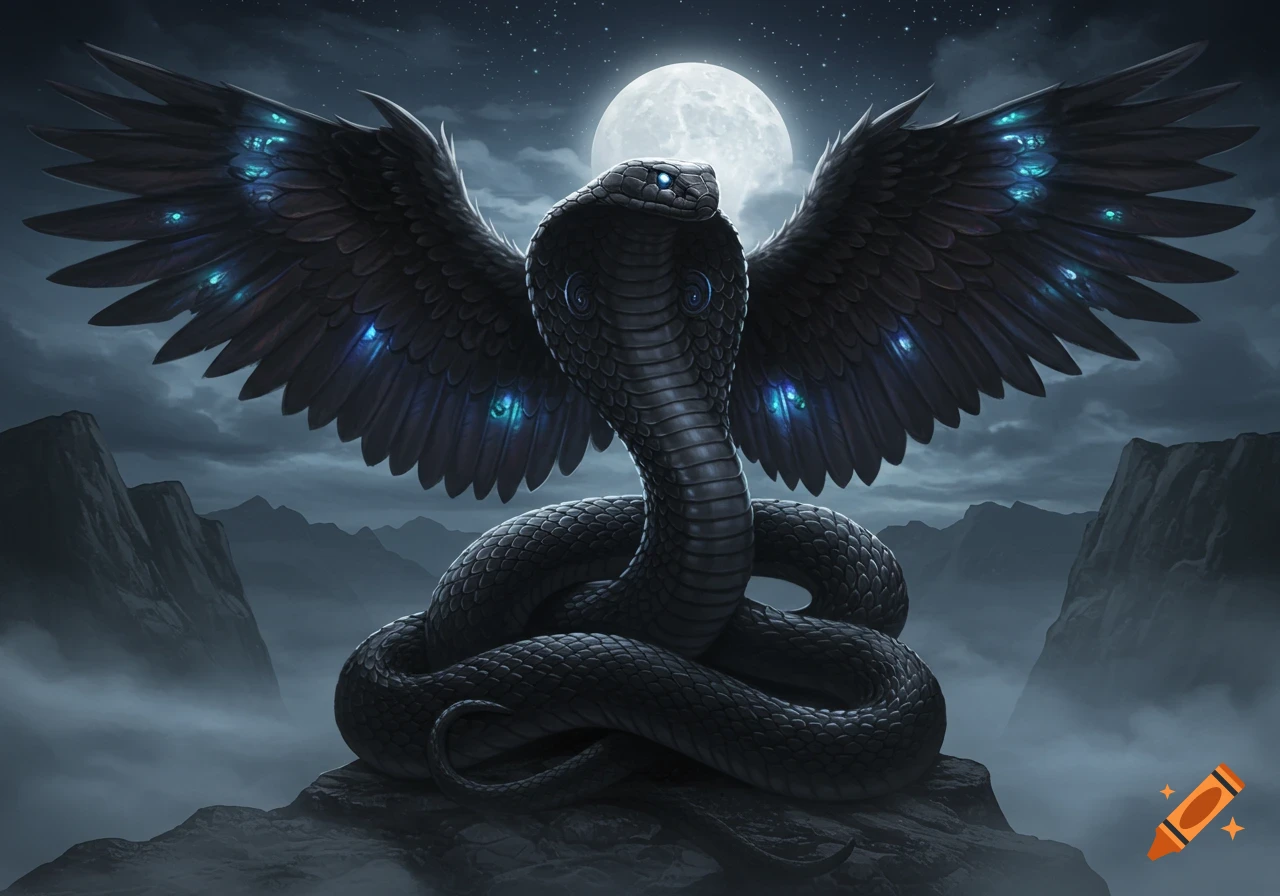 A majestic black winged cobra with glowing blue eyes coiled on rocks under a full moon in a misty mountain landscape, dark fantasy art.