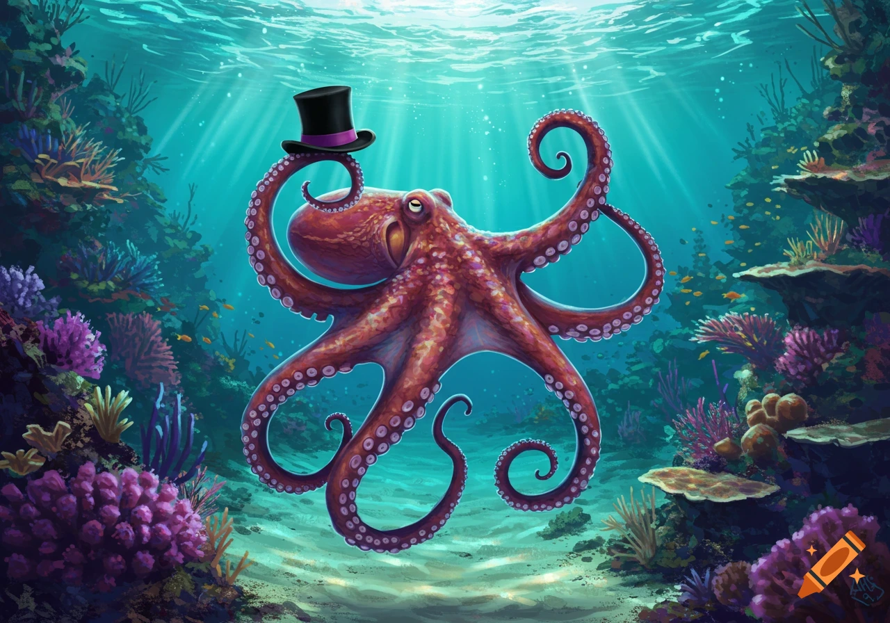 A red octopus wearing a black top hat floats in a vibrant, sunlit coral reef, surrounded by small fish.