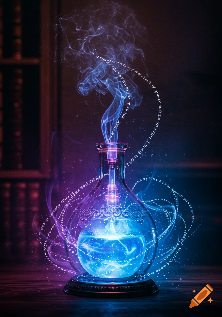 Magical glowing potion bottle with blue liquid, purple light, rising smoke, and arcane symbols in a dark setting.