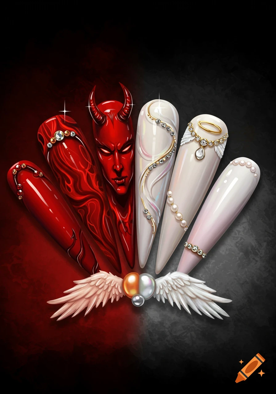 Five stylized false nails showing a split theme: red devil-inspired designs and a devil face, contrasted with white angel-inspired designs, pearls, and wings.