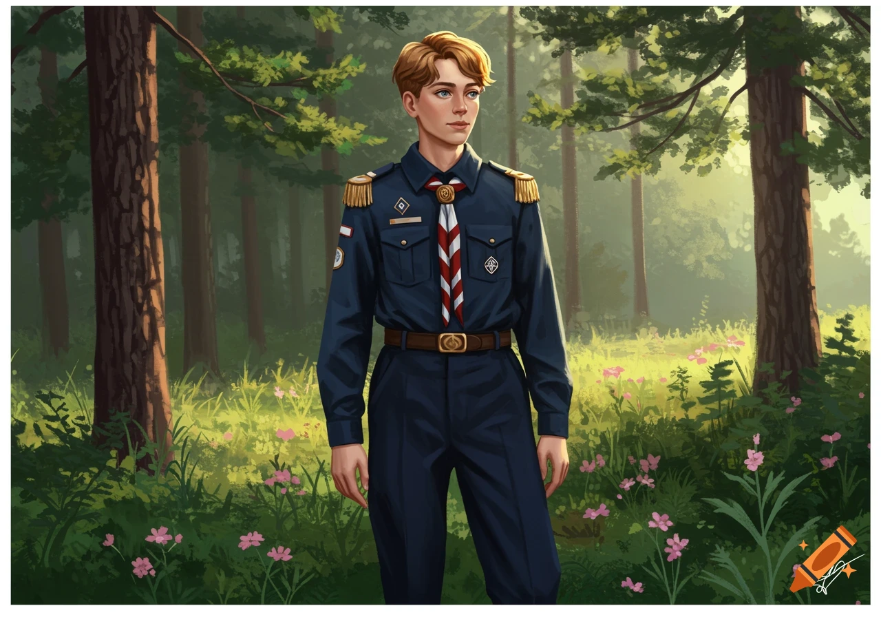Illustrated portrait of a young scout in a dark blue uniform, standing in a sunny forest with green grass and pink flowers.