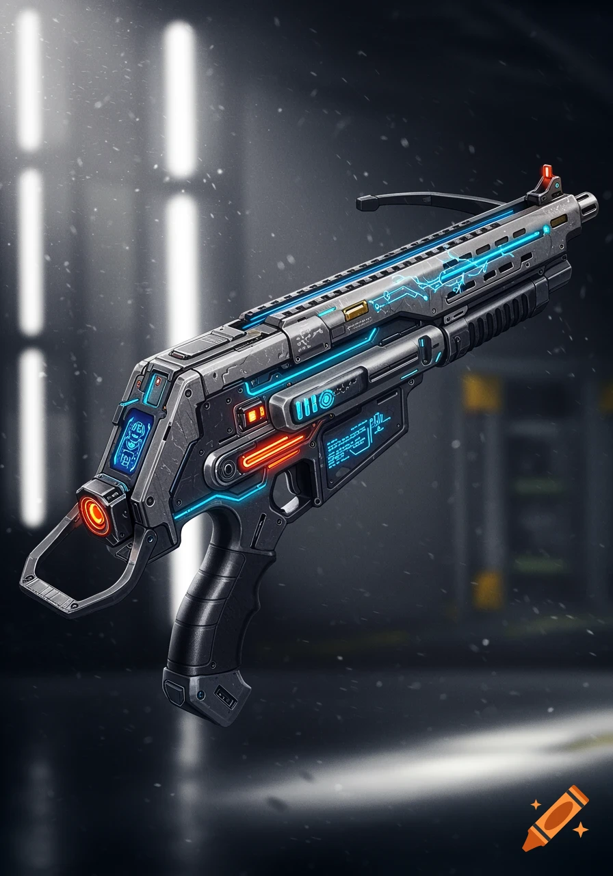 A detailed, photorealistic image of a futuristic sci-fi weapon with glowing blue and orange lights, set against a dark, industrial background.